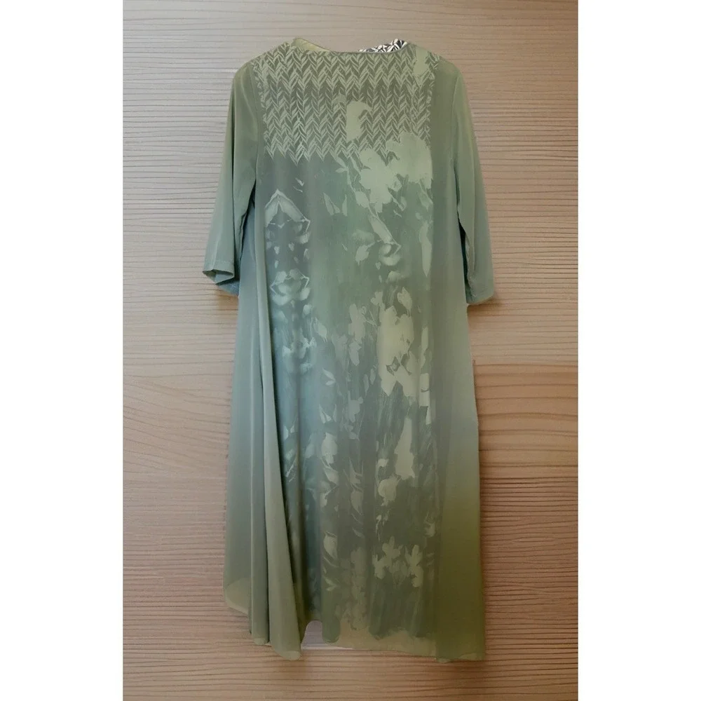2 Pc Womens Dress Set Medium Green‎ Floral Midi Maxi Dress Sheer Overlay Jacket